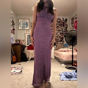 NEVER WORN scala purple sequence prom dress high neck and tie back